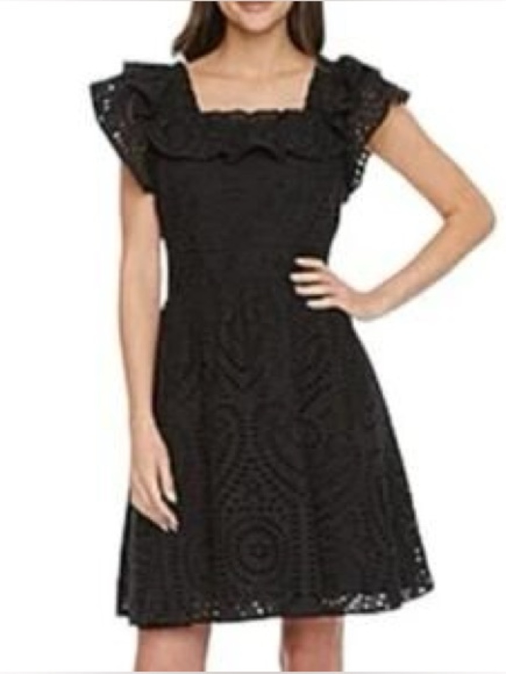 Ryegrass | 100% Cotton Embroidered Eyelet Black Dress-Ruffle Sleeve-Classic- NWT